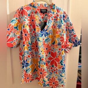 Fate Curve Floral Print Blouse in Coral, Blue, Yellow